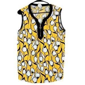 Naif Womens Blouse Yellow Black White Floral Sleeveless Quarter Zip Stretch XL